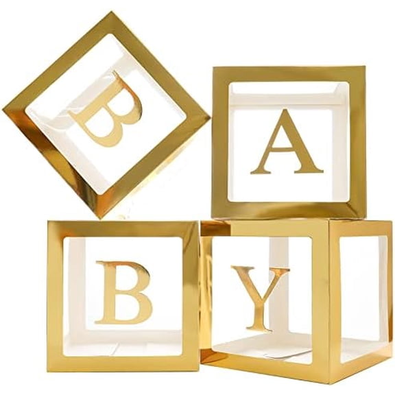 Gold Baby Boxes with Letters for Baby Shower, Baby Shower Decorations for Boys or Girls, Transparent Balloon Boxes Clear Blocks for Birthday Party, Bridal Shower, Gender Reveal