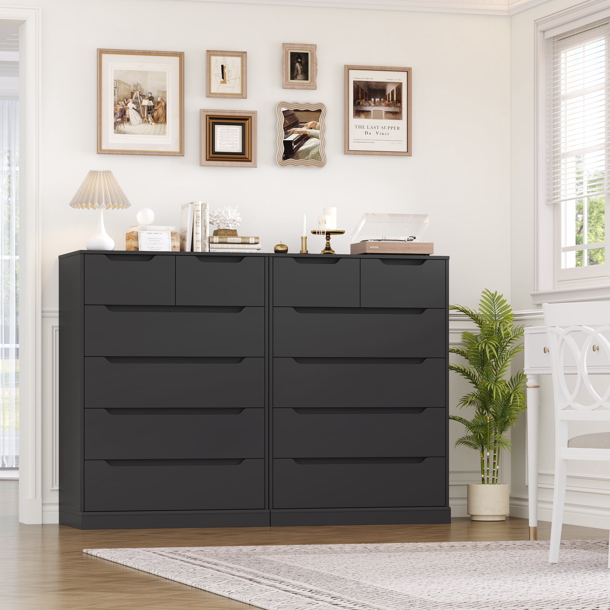 Homfa 6 Drawer Black Dresser, 43.3" H Wood Storage Cabinet with Upgraded Stable Base Vertical Chest for Bedroom Living Room