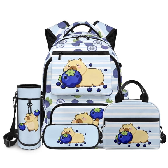 Uourmeti Capybara Backpack Set for Girls 6-8 8-10 Blueberry Kids Bookbag with Lunch Bag Pencil Case Water Bottle Sleeve 4 Pcs Schoolbag Set for Kindergarten Elementary School