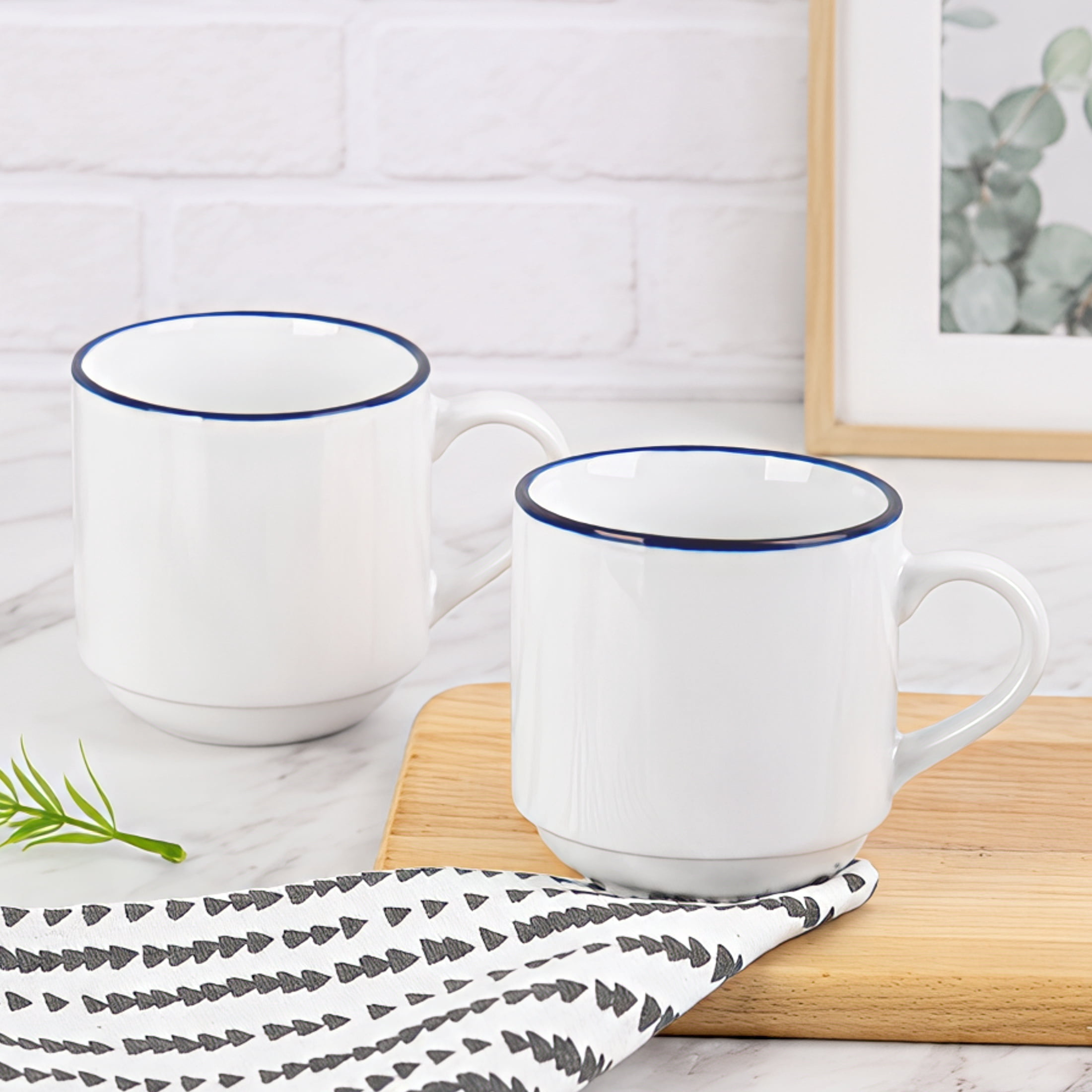 (4 pack) Mainstays White Ceramic Coffee Mug with Blue Rim, 11 oz