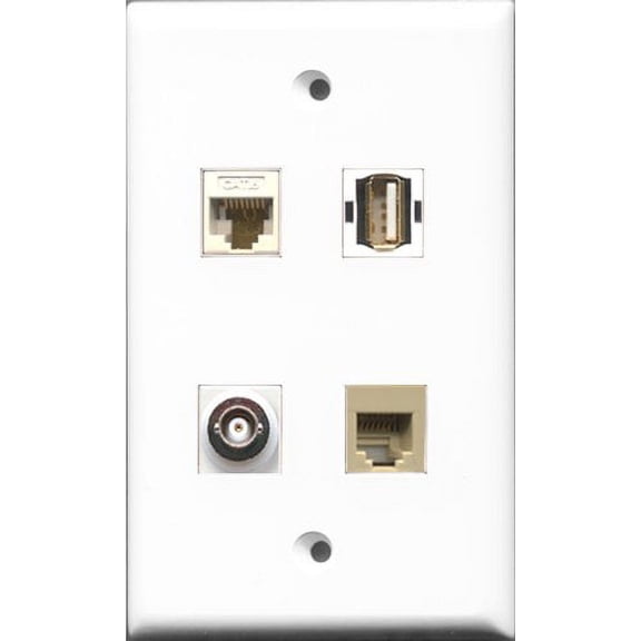 RiteAV 1 Port USB A-A and 1 Port Phone RJ11 RJ12 Beige and 1 Port BNC and 1 Port Cat6 Ethernet White Wall Plate