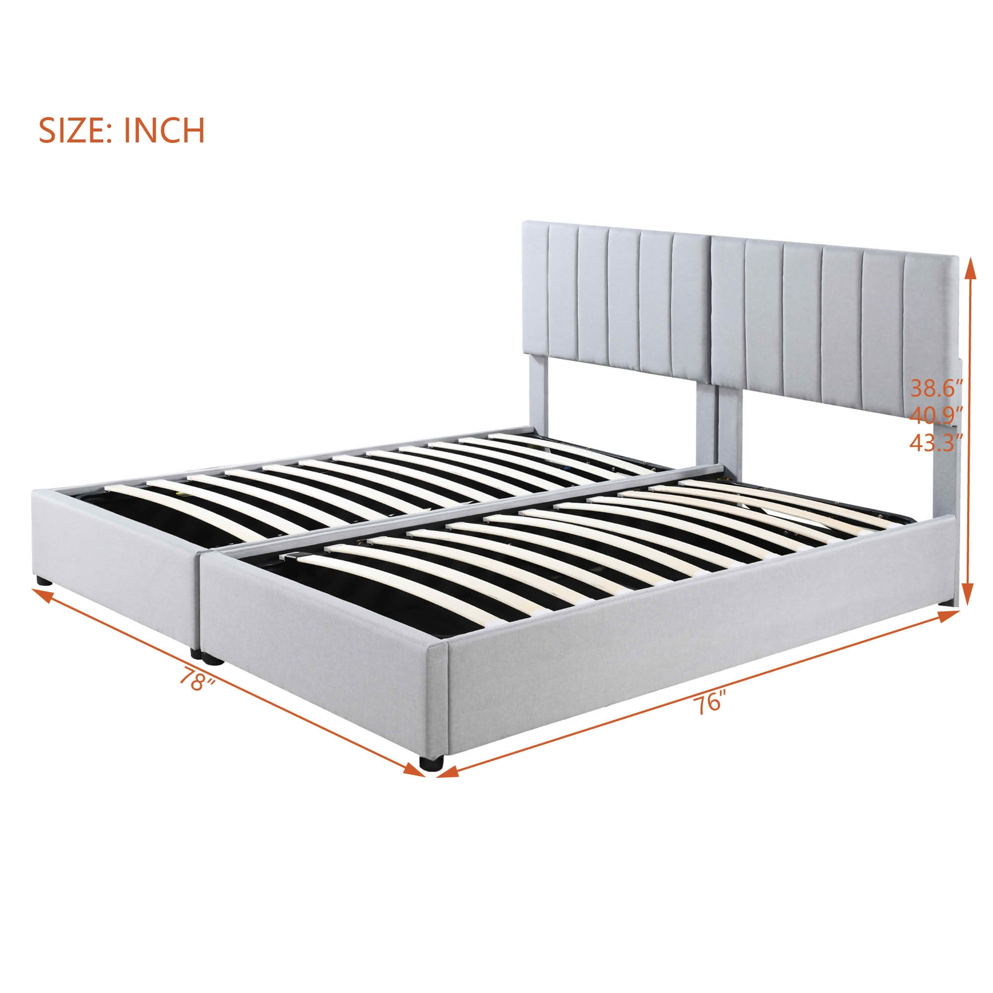 MAYEERTY King Size Upholstered Platform Bed with Vertical Stripe Headboard & Spacious Underbed Storage, Sturdy Frame
