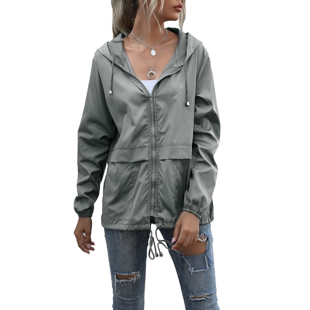 Women's Casual Hooded Jacket Lightweight Waterproof Rain Windbreaker Solid Color Zipper Drawstring Raincoat