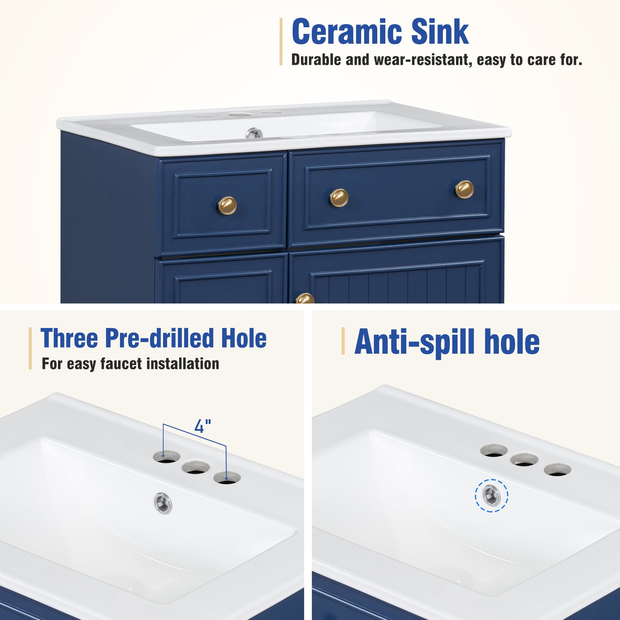 viswild 24" Bathroom Vanity Cabinet with Ceramic Sink, 2 Drawers & 1 Door, Space-Saving, Durable & Easy to Clean for Small Bathrooms, Blue