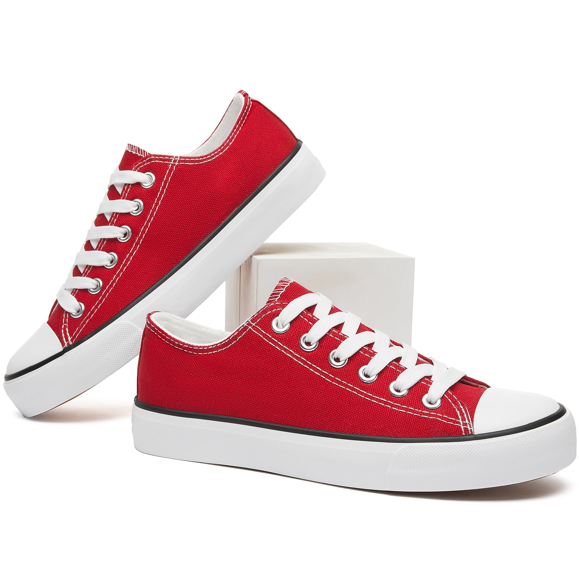 Womens Canvas Fashion Sneakers Classic Low Top Fabric Shoes Casual Walking Canvas Flats Cute Lace Up Tennis Shoes for Lady(Red US8)