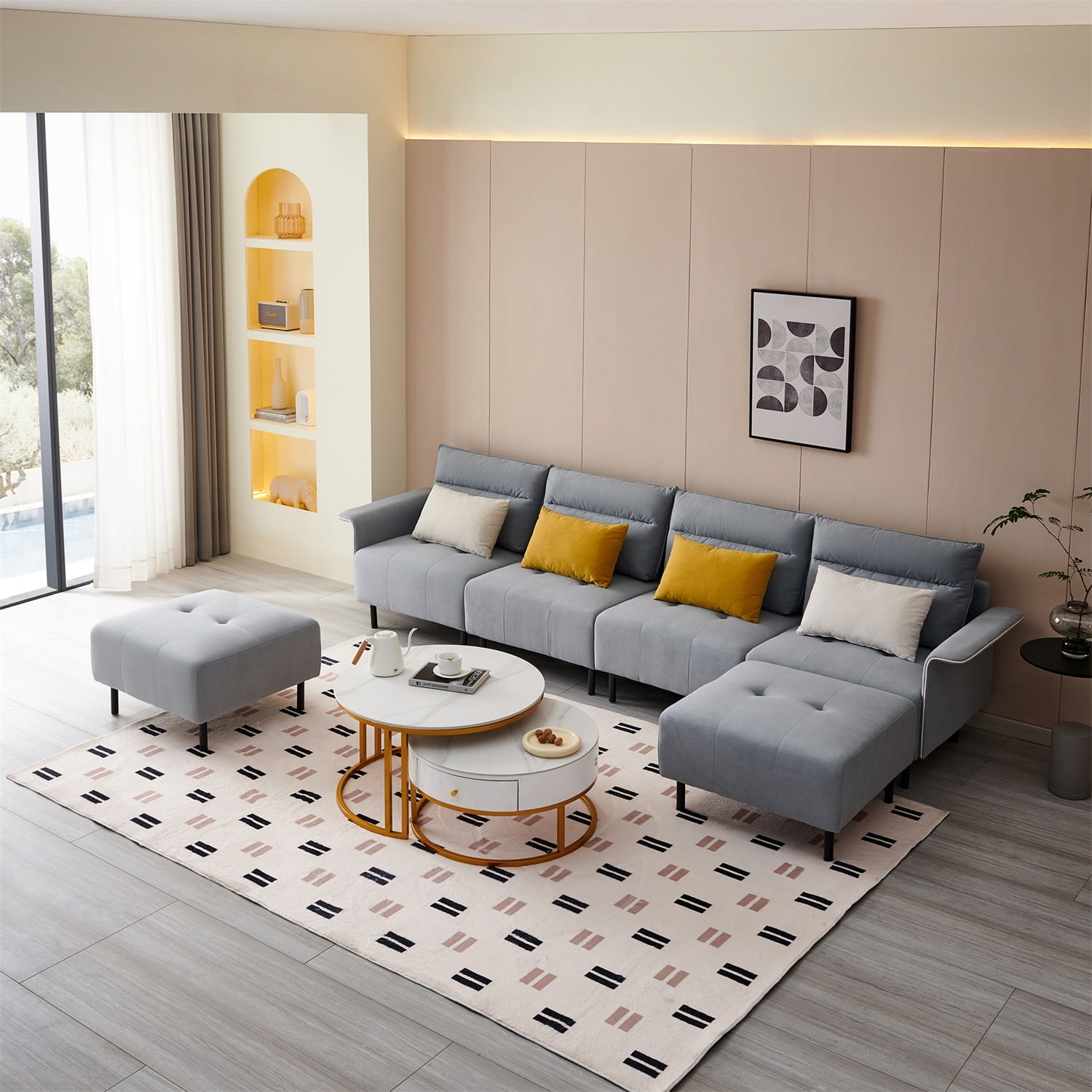 Kadyn U-Shaped Sectional Sofa with 2 Removeable Ottoman and 4 Pillows, Suede Free Combination Sectional Couch, Modern Suede Sofa Set for Living Room, Light Grey