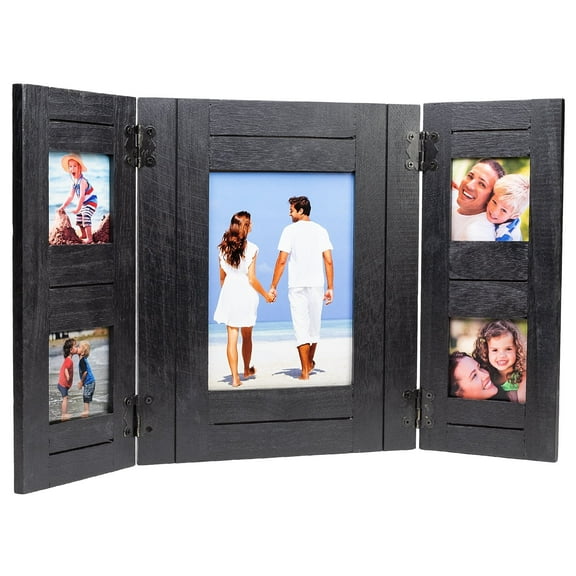 Excello Global Products EGP-HD-0336 Rustic Distressed Wood Collage Picture Frames, Holds Four 3" X 3" Pictures and One 5"x7" Picture Photo Frames, Tabletop & Wall Picture Frames, Black, 18" X 11"