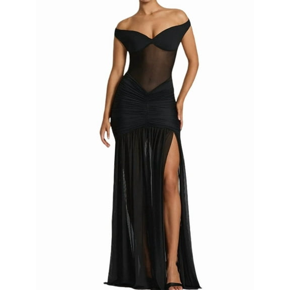 V Neck Bridesmaid Dresses Pleated Chiffon 2025 Off Shoulder Flowy Formal Evening Wedding Guest Dress with Slit Black L