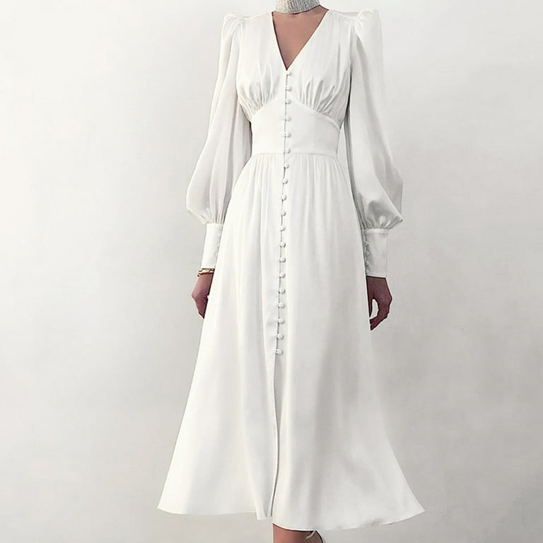 Womens Sexy V-Neck Long Sleeve Flower Long Dress Vintage