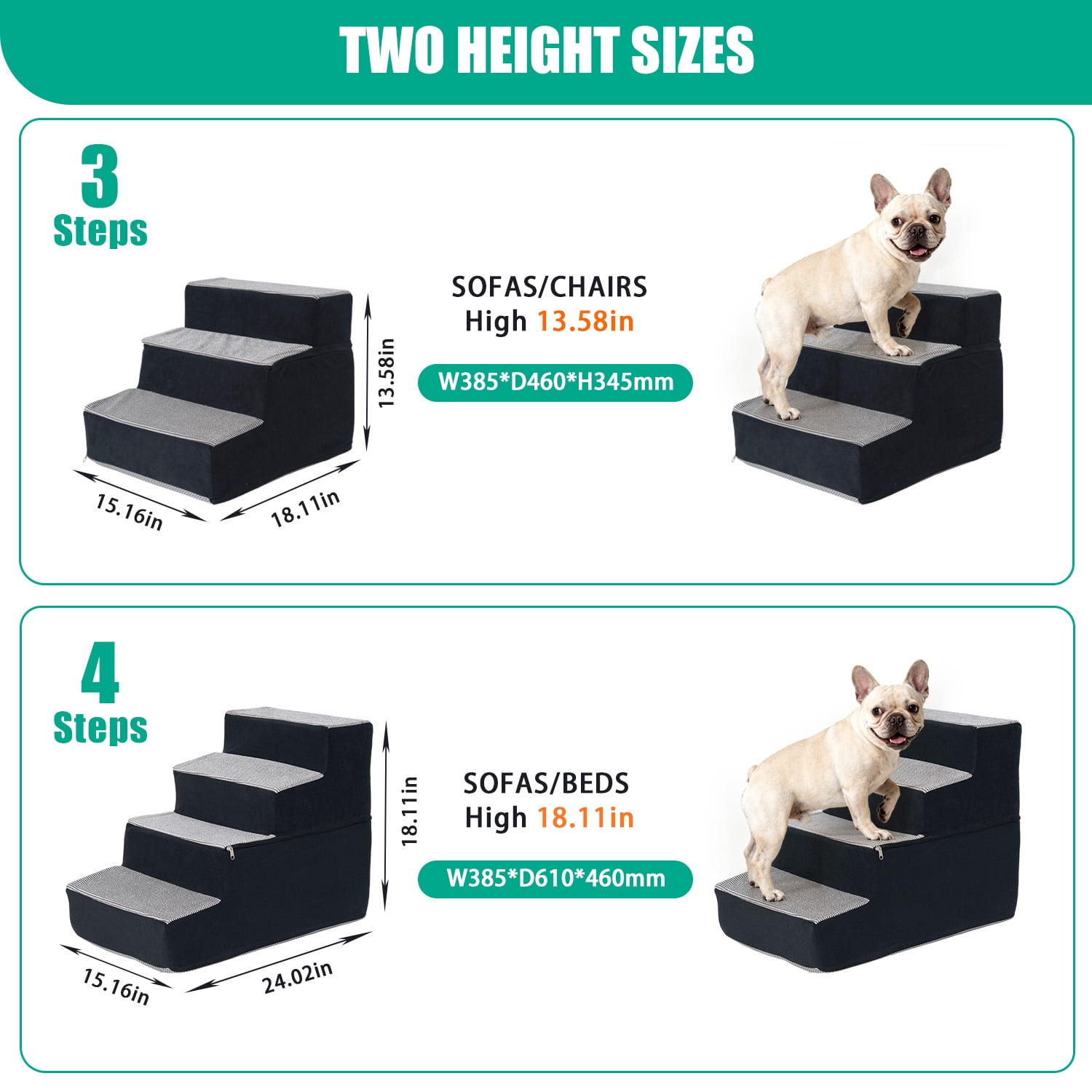 3-Step High Density Foam Pet Stairs, 13.6" H Non Slip Dog Steps for Small Medium Dogs Cats, Removable Washable Cover Indoor Climbing Ladder, Pet Ramp for Bed Couch Chair