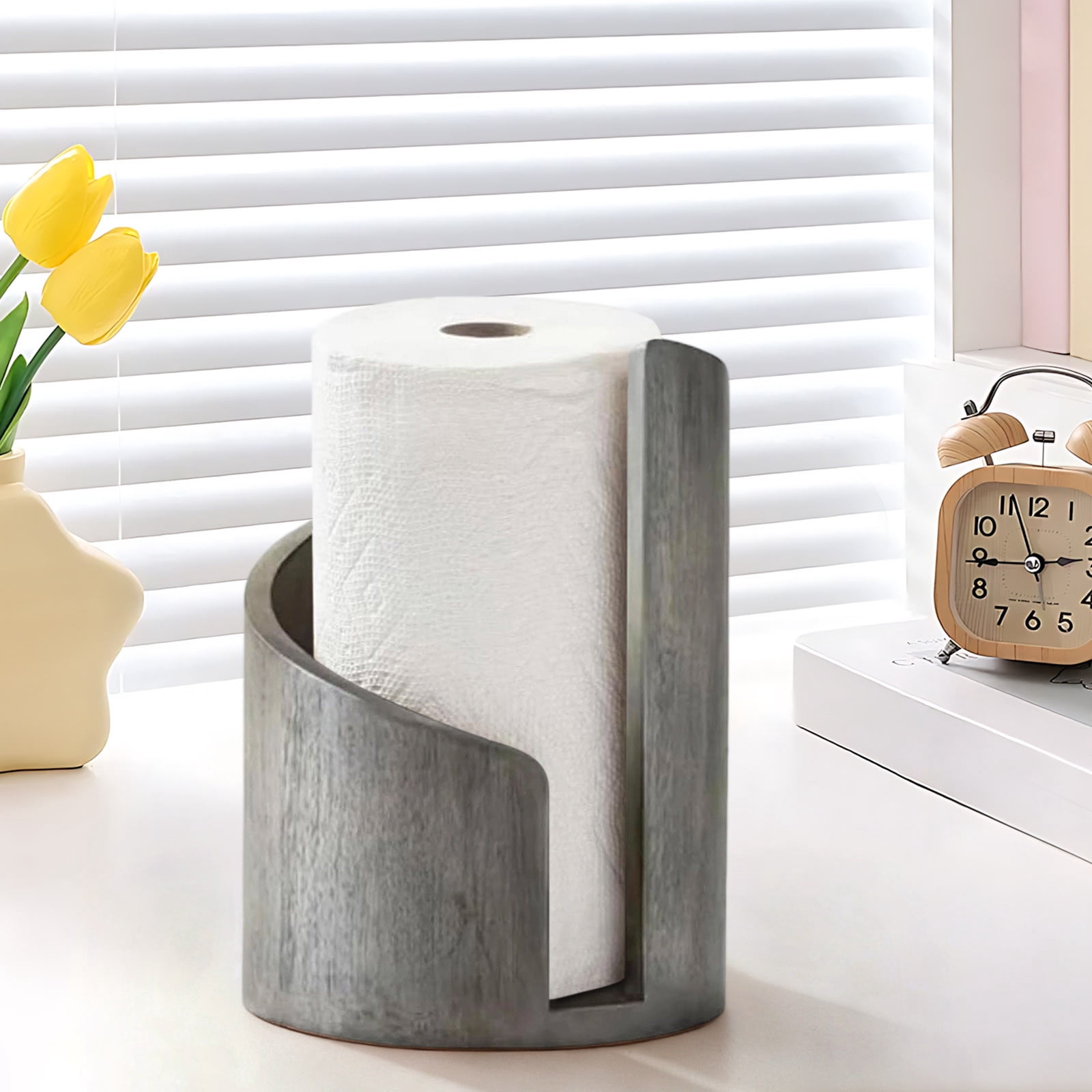 RoamHome Freestanding Paper Towel Holder for Kitchen Countertop with Wood Base and Iron Stand, One-Handed Tear, Fits All Roll Sizes, Sturdy and Stylish Bathroom Organizer