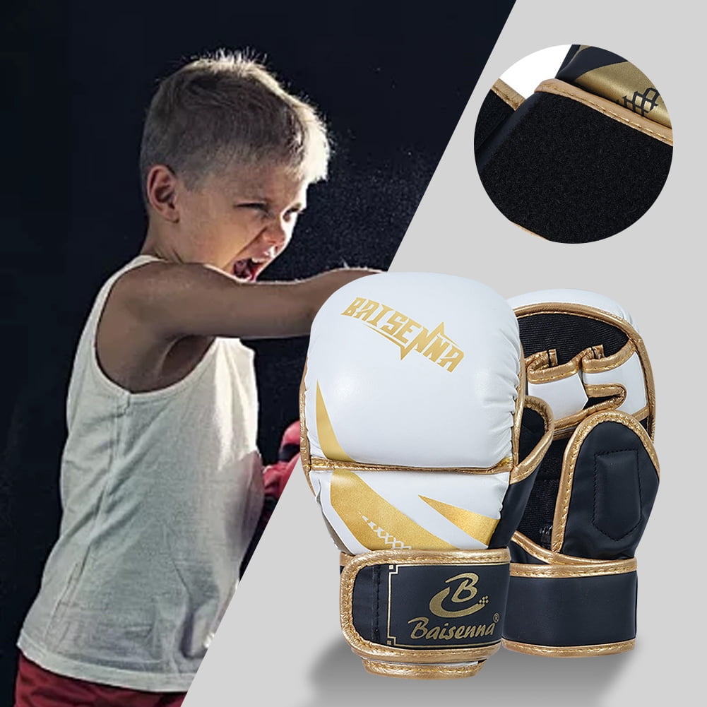 Half Finger Boxing Gloves Thickened Heavy Punching Bag Gloves Exercise Training PU Leather Sponge Gym Mitts Gloves(Adult White Gold)