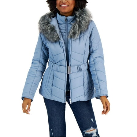 Maralyn & Me FROZEN BLUE Juniors' Faux-Fur Hooded Belted Puffer Jacket, L