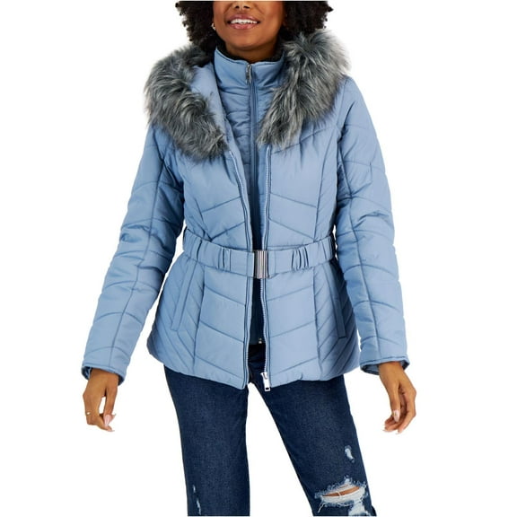 Maralyn & Me FROZEN BLUE Juniors' Faux-Fur Hooded Belted Puffer Jacket, XL