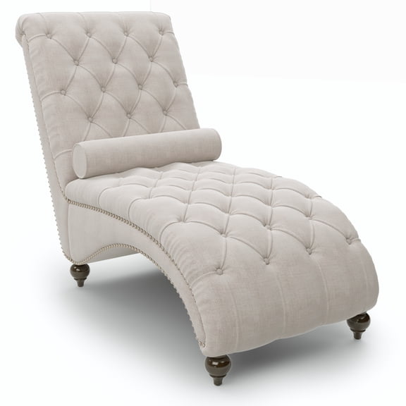 Furntsy Indoor Linen Chesterfield Chaise Lounge, Beige