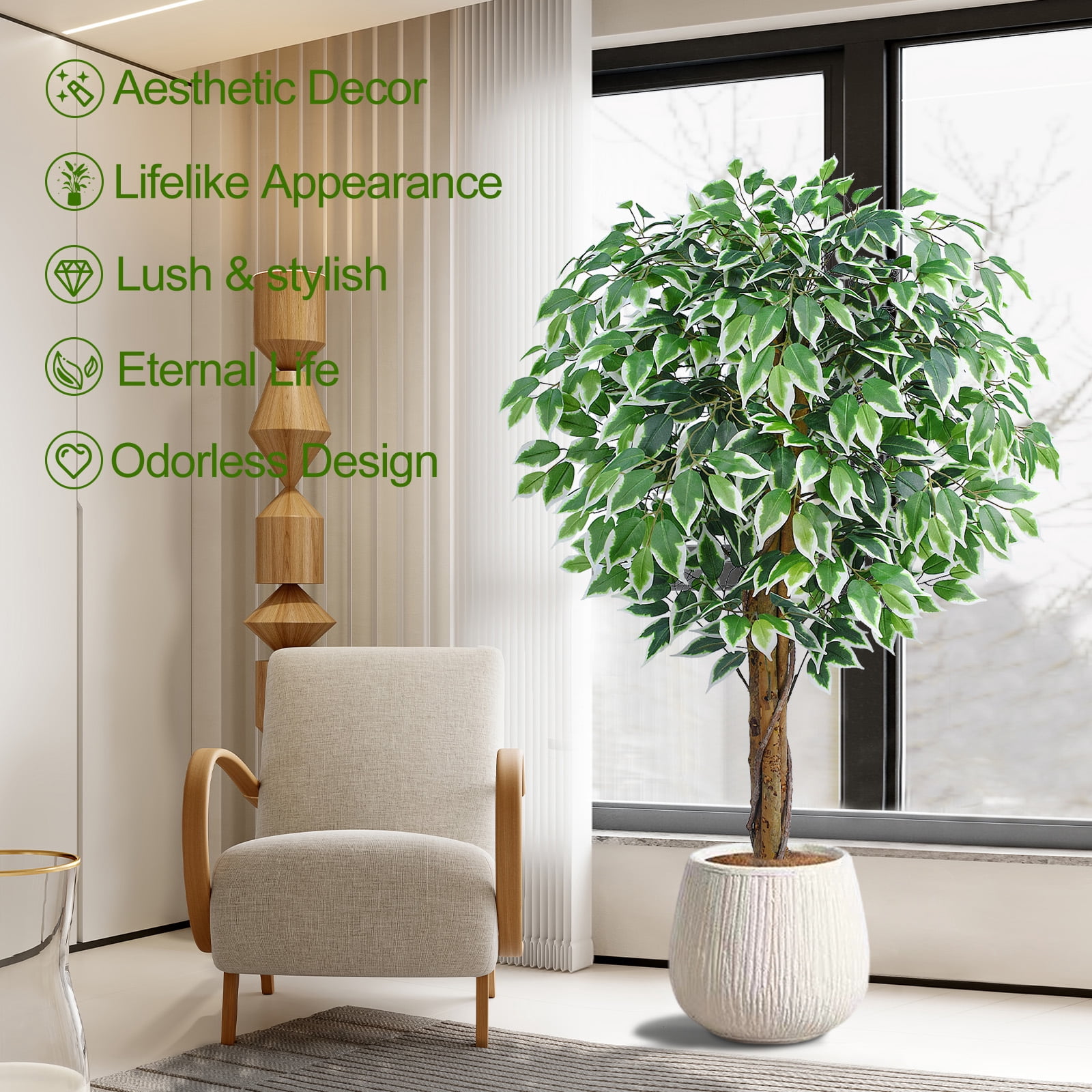 5ft Ficus Artificial Trees with 3 Natural Curved Trunks, 60" Tall Lush Faux Tree for Home Decor Indoor, Green Lifelike Fake Ficus Tree