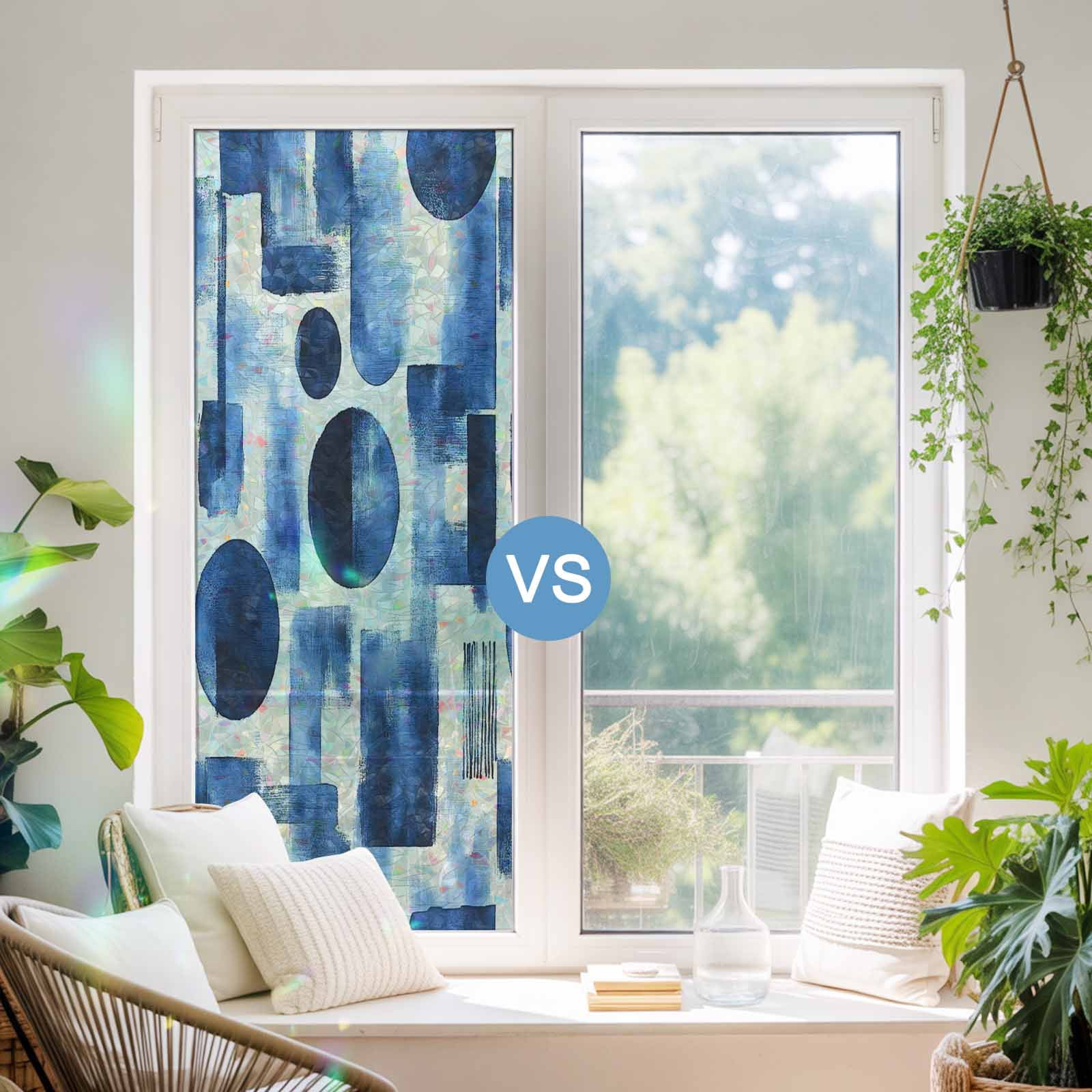 Blue Geometric Window Privacy Film Stain Glass,Reusable Decorative Rainbow Window Film,Modern Abstract Vintage Art Aesthetic Static Cling Sun Blocking Stickers Decals Covers 23.6" x 59" (2pcs)