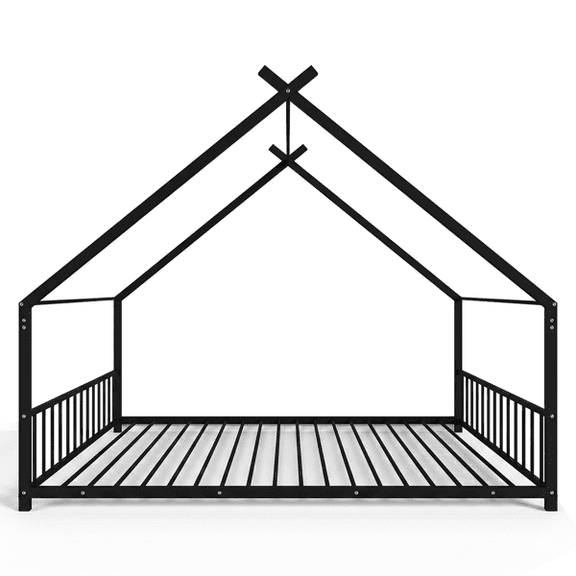 Alvantor Full Size Kids Metal House Bed with Guardrails and Slat Support, Black