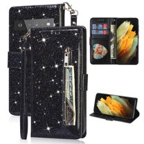 Feishell Compatible with Google Pixel 6 Wallet Case,Glitter Sparkly Bling PU Leather Zipper Pocket with Credit Card Holder Slots Shockproof Magnetic Clasp Folio Flip Stand Phone Case,Black