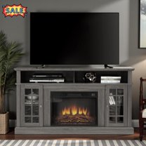 Tcbosik Fireplace TV Stand for TVs up to 65 inch with 23" Electric Fireplace, Farmhouse Entertainment Center with Adjustable Shelves and Glass Doors for Living Room, Black & Dark Walnut