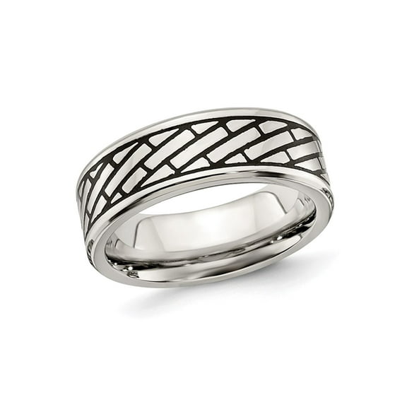 Gem & Harmony Mens Stainless Steel 7.5mm Antiqued & Polished Brick Band Ring for Men