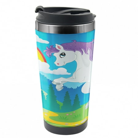 

Fantasy Travel Mug Unicorn with Rainbow Fairy Steel Thermal Cup 16 oz by Ambesonne