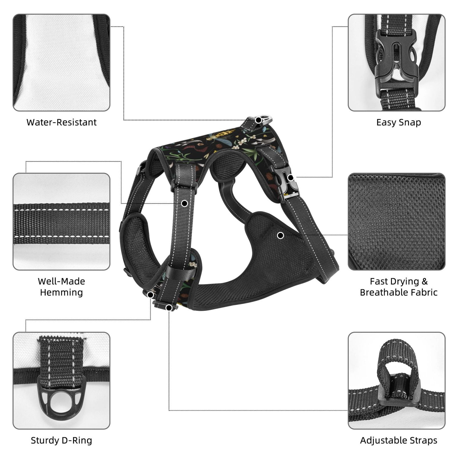 Fuzoiu Wasp and Florals Print Reflective Dog Harness,Adjustable, Breathable Pet Vest,Dog Harness No Pull,No Choke Pet Vest for Small, Medium, and Large Dogs-Small