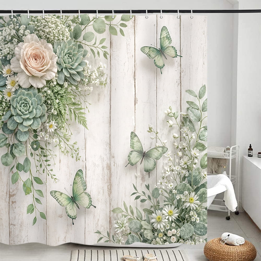 Sage Green Floral Shower Curtain - Farmhouse Rustic Rose Butterfly Bathroom Curtain Boho Botanical Waterproof Fabric Set with 12 Hooks,47X64in
