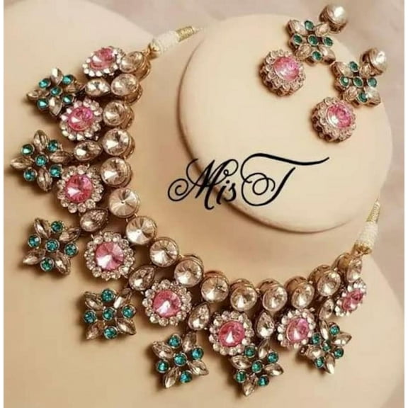 Traditional Indian Bridal Jewelry Set – Pink & Teal Stone Necklace with Matching Earrings