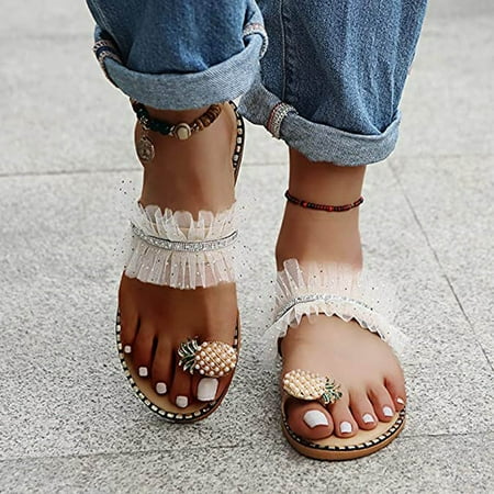 

KKCXFJX slippers for women Women Summer Clip-Toe Shoes Rhinestone Comfy Slipper Lace Casual Beach Sandals Slippers