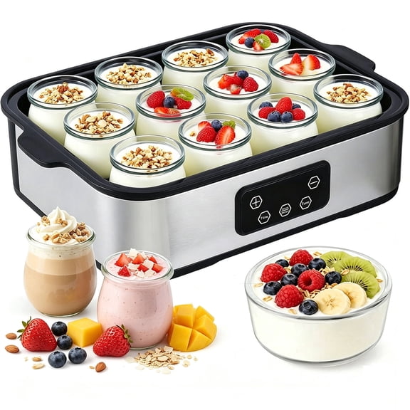 iFCOW Yogurt Maker Machine Stainless Steel, 12 Pack 6oz Glass Jars, LED Digital Time Temp Control with Auto Shut Off