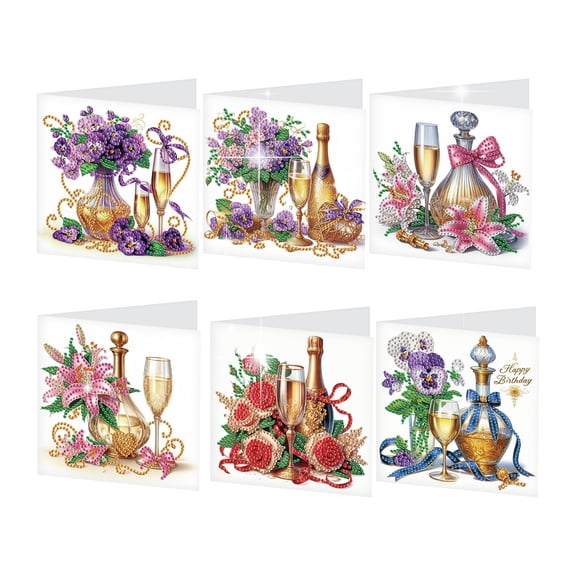 6pcs Diamond Painting Kit Greeting Cards, Champagne Flowers 5D Handmade Art Birthday Holiday Gift Cards with Envelopes