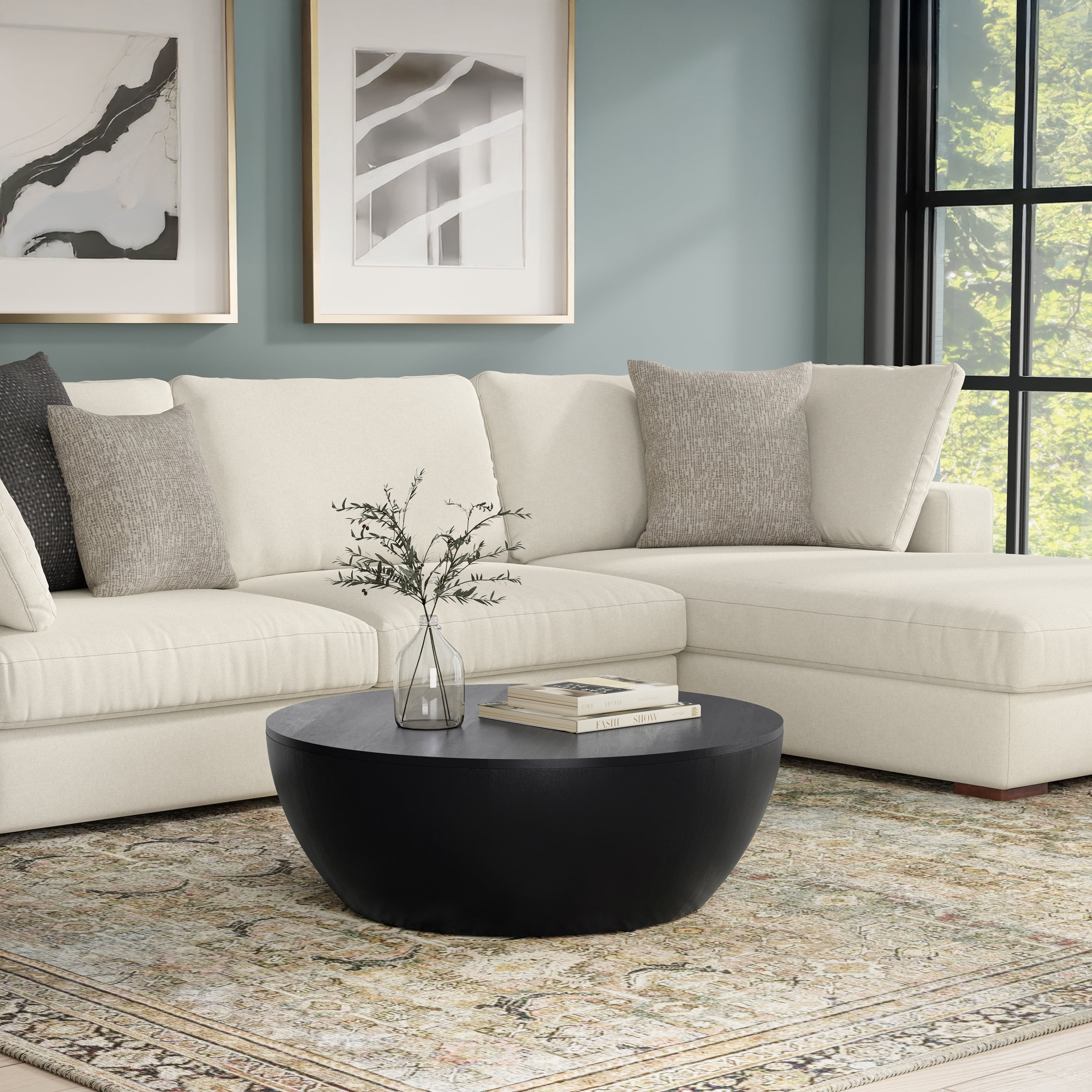 Simpli Home Elmbrook 34 inch Wide Solid Mango Modern Industrial Drum Coffee Table in Black, Assembled