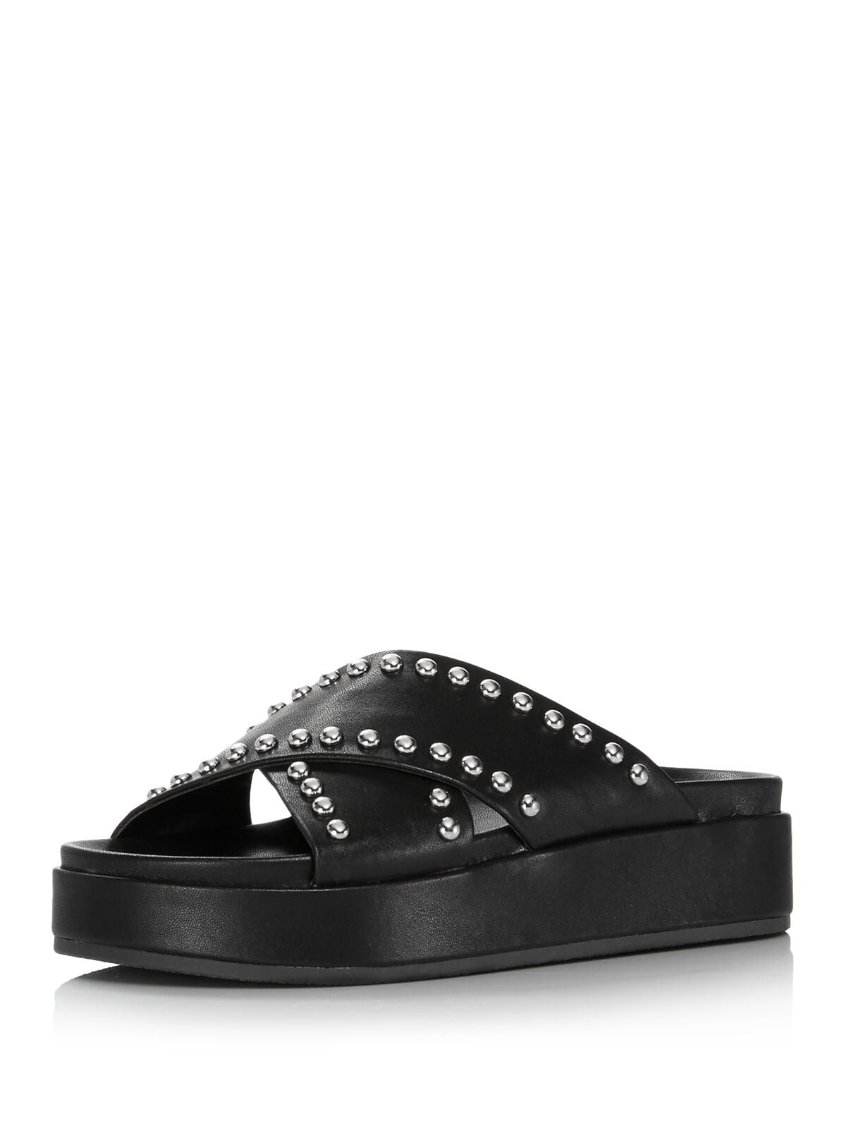 AQUA Womens Black Cushioned Studded Krisa Round Toe Platform Slip On Slide Sandals 7 M