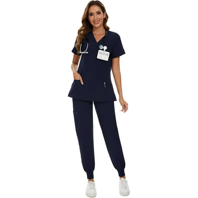 Ensemble de Blouses Médicales pour Femmes - Haut à Col en V Extensible & Pantalon Jogger avec 8 Poches