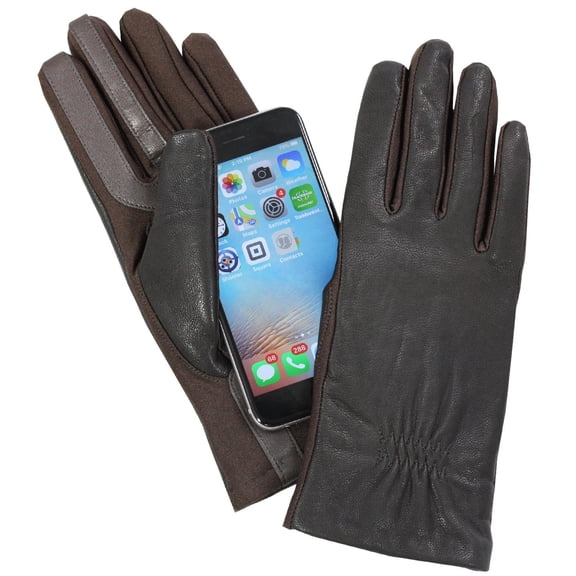 Isotoner Women's A40010 Leather & Spandex Smartouch Touchscreen Gloves Brown XL