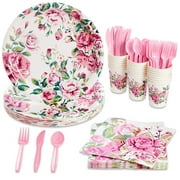 BLUE PANDA 144 Piece Vintage Style Tea Party Supplies, Includes Disposable Floral Paper Plates, Napkins, Cups, & Cutlery, For Baby Showers, Weddings & More, Serves 24