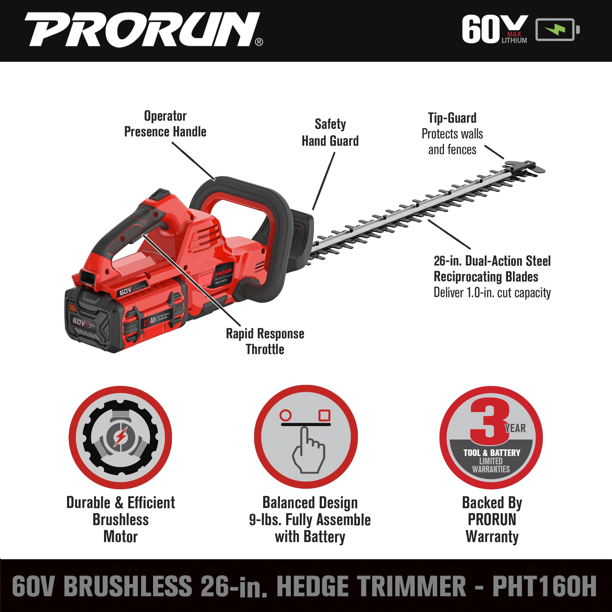 PRORUN 60V 26-in. Brushless Cordless Hedge Trimmer with 2.5 Ah Battery and Charger