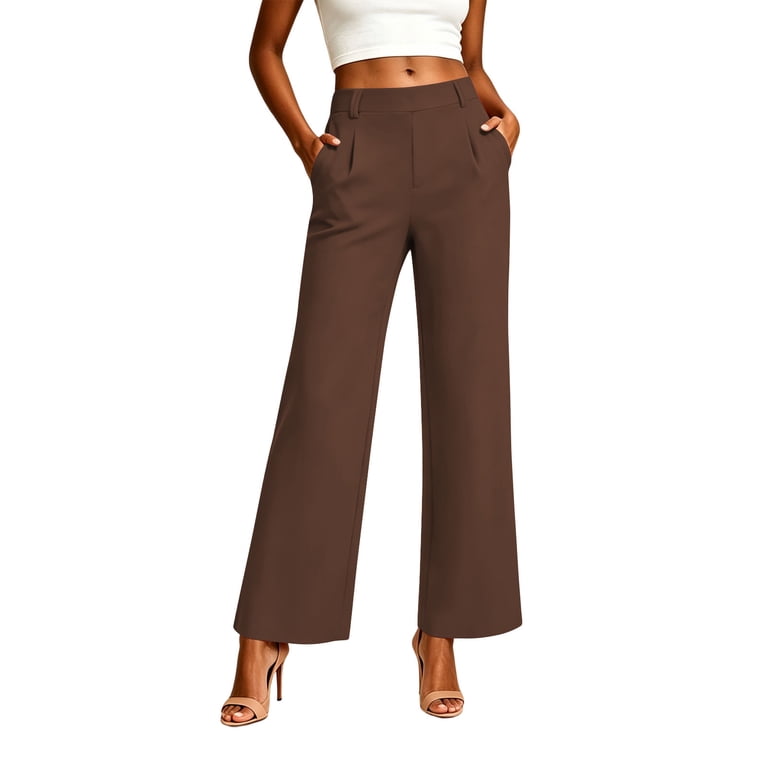 brown pull on dress pants Qatainlav Brown Women Office Work Business Casual Slacks Wide Leg Pull On Dress Pants Solid Color High Waisted Yoga Trousers with Pockets S, Women's,