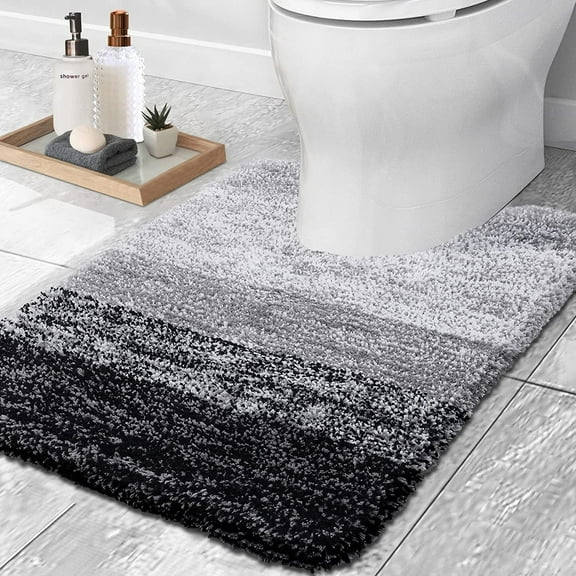 Microfiber Toilet Rugs U-Shaped, Shaggy Soft and Absorbent Bathroom Rugs, Non-Slip, Thick Plush Bathroom Mat, Machine Washable Dry Contour Bath Mats for Toilet Base, 20" x 20", Black