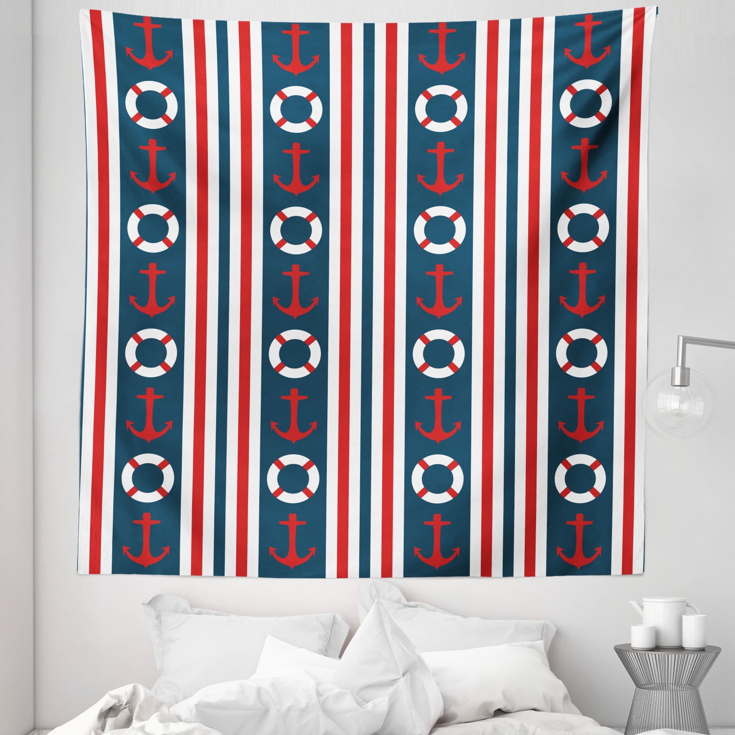 Nautical Tapestry, Vertical Borders Stripes Maritime Theme Steering ...