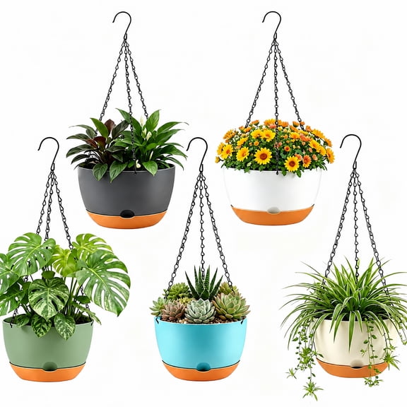 5Pack Self-Watering Hanging Planters with Drainage Hole and & Removable Saucer, 8" Hanging Flower Pots with Chains & Hooks for Indoor Outdoor Plants Balcony Garden Patio Décor (Multicolor)