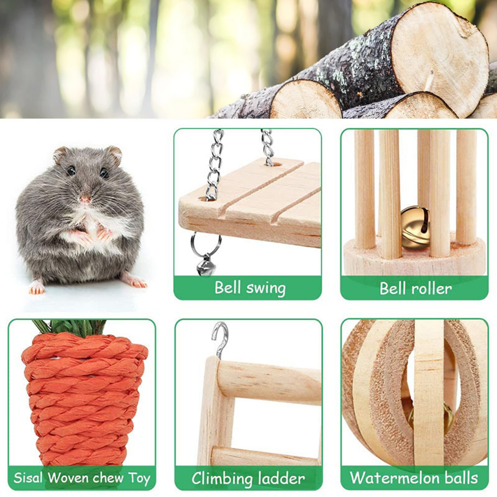 DOPI 6Pcs Hamster Chew Toys Multiple Types Exercise Training Natural Wood Small Pet Ladder Swing Toy Set for Rabbit