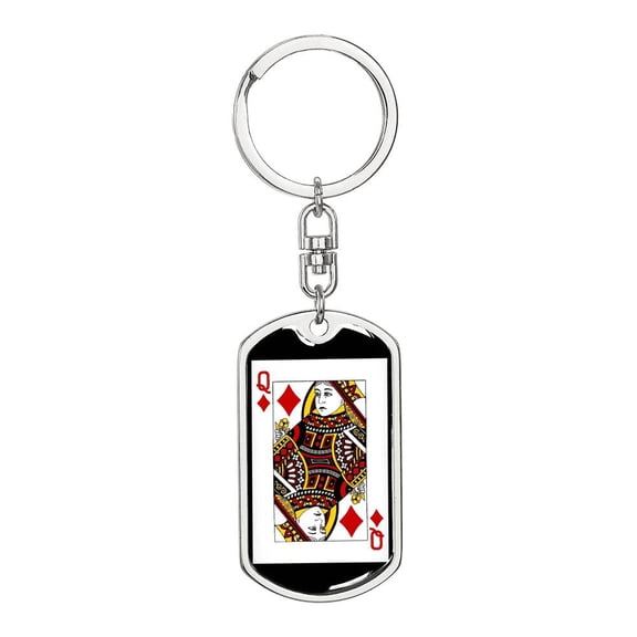 Queen Of Diamonds Poker Card Keychain Dog Tag Stainless Steel or 18k Gold