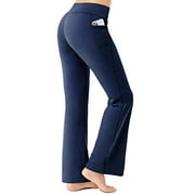 FIRST WAY Buttery Soft Women's Bootcut Yoga Pants Capris with 3 Pockets Lounge Bootleg Floral Printing Insignia Blue XL