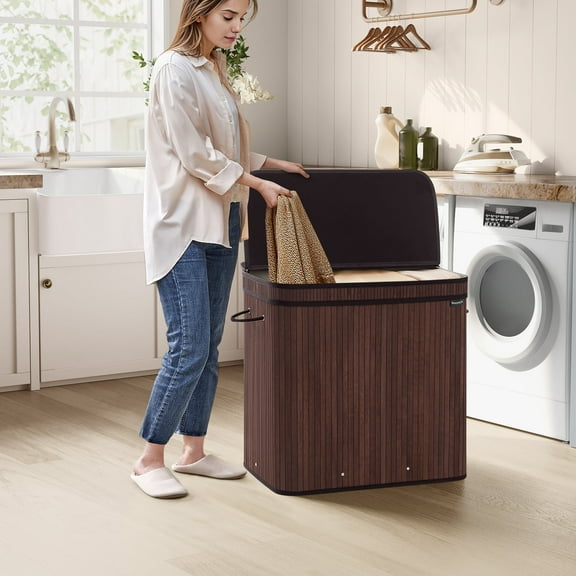150L Laundry Hamper with Lid Bamboo Laundry Basket Removable Machine Washable with Handles for Laundry Room Bedroom Chestnut Brown