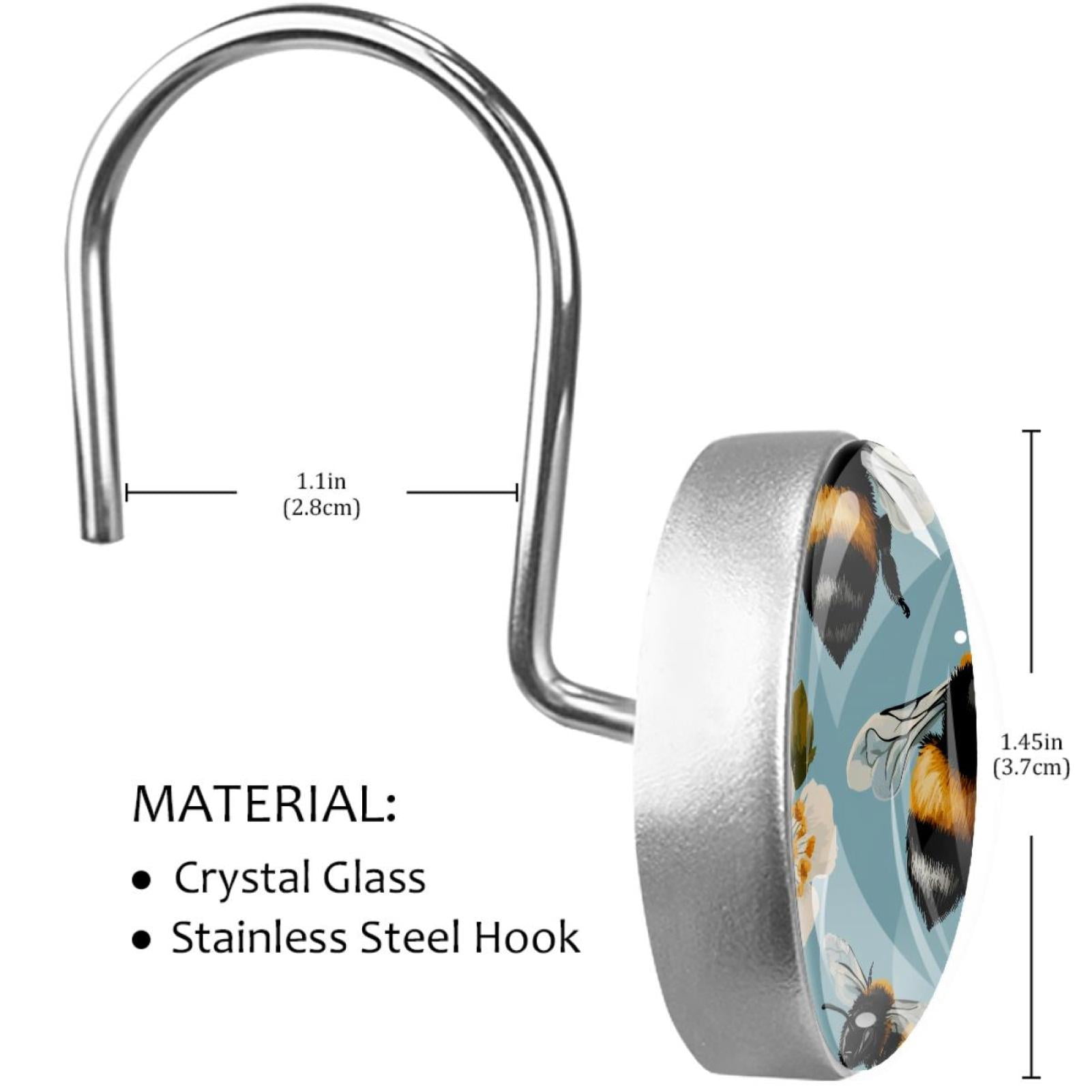 Honey Bees White Hibiscus Shower Curtain Hooks Round Crystal Glass, Set of 12 Shower Curtain Rings - Shower Hooks for Curtain Shower Rings