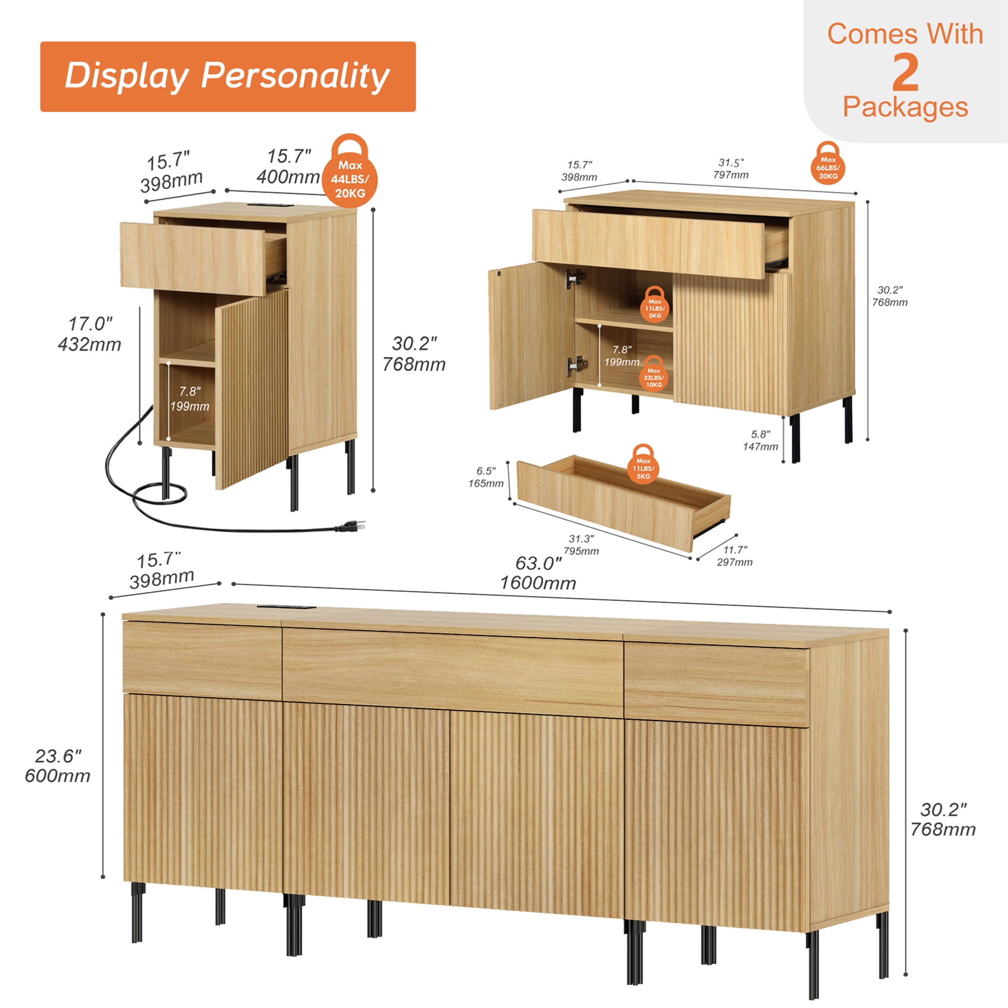 63" Modern Wood 3-Drawer Dresser with Reeded Design, Minimalist Dresser Organizer Storage With Charging Station for Bedroom,Living room, Entryway
