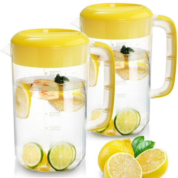 2 Pack 1 Gallon Plastic Water Pitcher with Lid, Large Gallon Water Jug, Juice and Iced Tea Beverage Carafe with Filter Lid, Handle, Scale for Fridge, Party