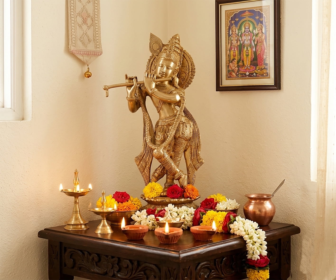 Aradhya Art Flute Playing Krishan made in Brass Height  28 CM for Temple  Home Décor office and Gifts